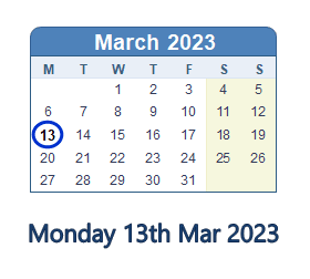13 March 2023 calendar