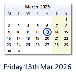 13 March 2026 calendar