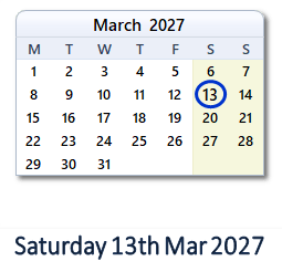 13 March 2027 calendar