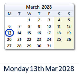 13 March 2028 calendar
