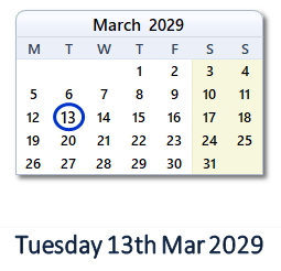 13 March 2029 calendar