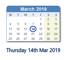 14 March 2019 calendar