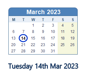 14 March 2023 calendar