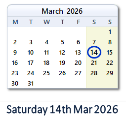 14 March 2026 calendar