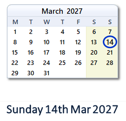 14 March 2027 calendar