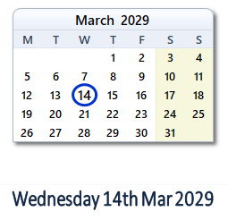 14 March 2029 calendar