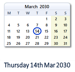 14 March 2030 calendar