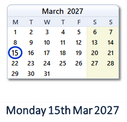 15 March 2027 calendar