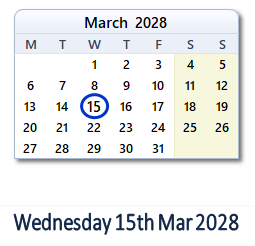 15 March 2028 calendar