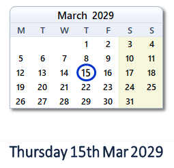 15 March 2029 calendar