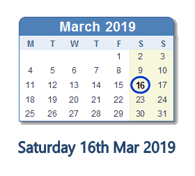 16 March 2019 calendar