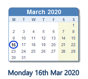 16 March 2020 calendar