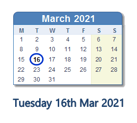 16 March 2021 calendar