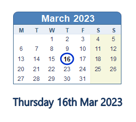 16 March 2023 calendar