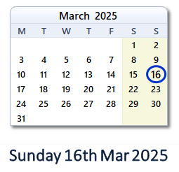 16 March 2025 calendar