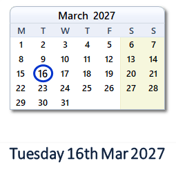 16 March 2027 calendar
