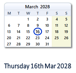 16 March 2028 calendar