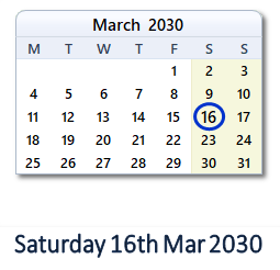 16 March 2030 calendar