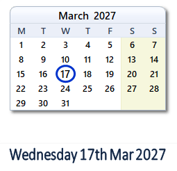 17 March 2027 calendar