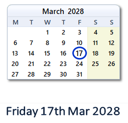 17 March 2028 calendar