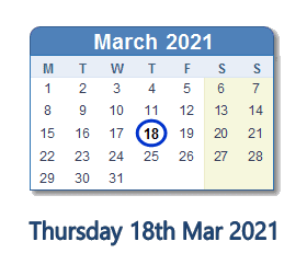 18 March 2021 calendar