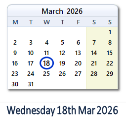 18 March 2026 calendar