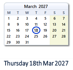 18 March 2027 calendar