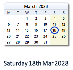 18 March 2028 calendar