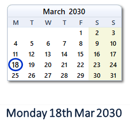 18 March 2030 calendar