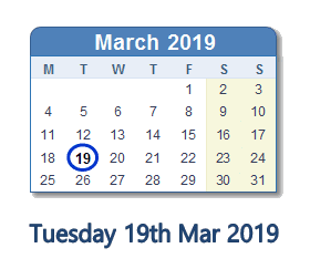 19 March 2019 calendar