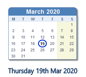 19 March 2020 calendar
