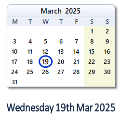 19 March 2025 calendar