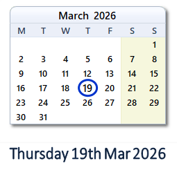 19 March 2026 calendar