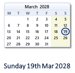 19 March 2028 calendar
