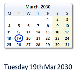 19 March 2030 calendar