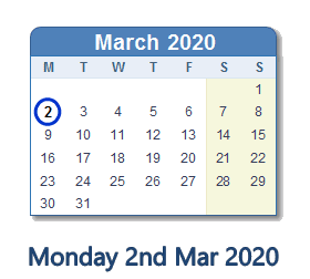 2 March 2020 calendar