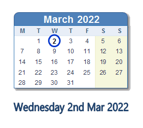 2 March 2022 calendar