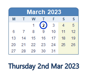 2 March 2023 calendar
