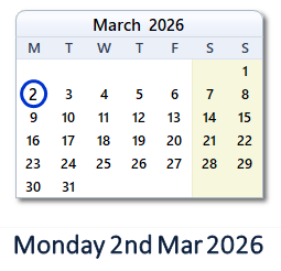 2 March 2026 calendar