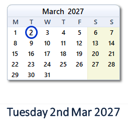 2 March 2027 calendar