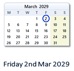 2 March 2029 calendar