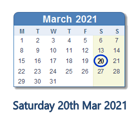 20 March 2021 calendar