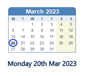 20 March 2023 calendar