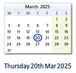 20 March 2025 calendar
