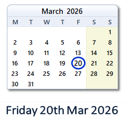 20 March 2026 calendar