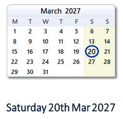 20 March 2027 calendar