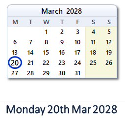 20 March 2028 calendar