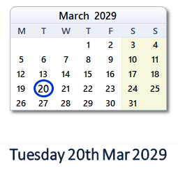 20 March 2029 calendar