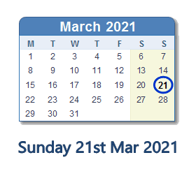 21 March 2021 calendar