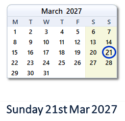 21 March 2027 calendar